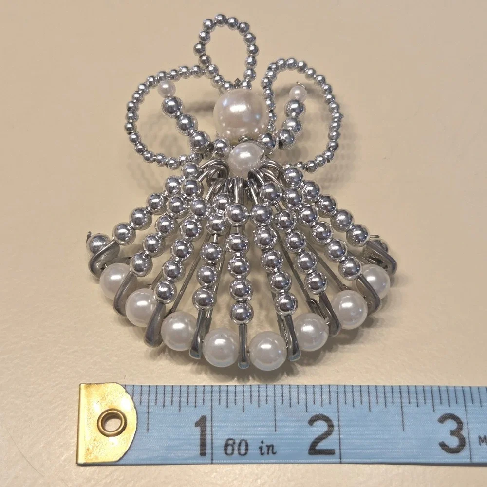 Vintage Handmade Angel‎ Pin Brooch Silver Tone Faux Pearl Wings Skirt Christmas